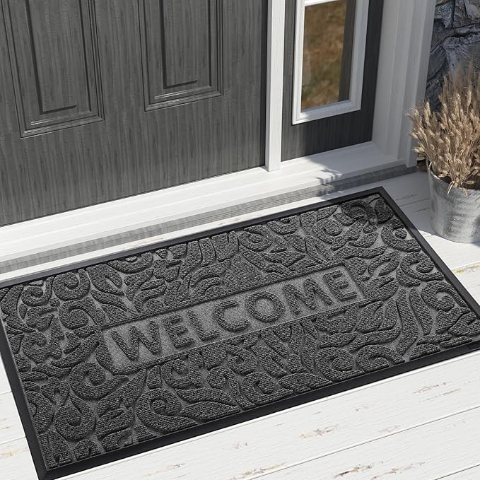 Yimobra Welcome Front Door Mat Outdoor, Heavy Duty Sturdy Non Slip Doormats, Rubber Backing, Low-Profile Entrance Rugs, Absorbent Resist Dirt, Easy Clean Patio Garage Floor Mats, 47X24 Inch, Grey