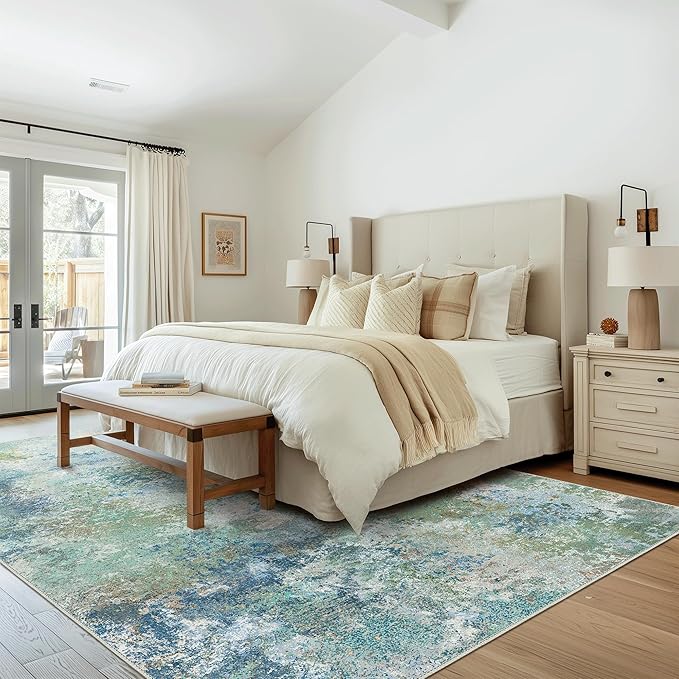 Area Rugs 6x9 Machine Washable Area Rug for Bedroom Living Room Dining Room, Large Modern Abstract Soft Rugs, Indoor Low Pile Carpet with Non Slip Rubber Backing, Abstract Blue Green