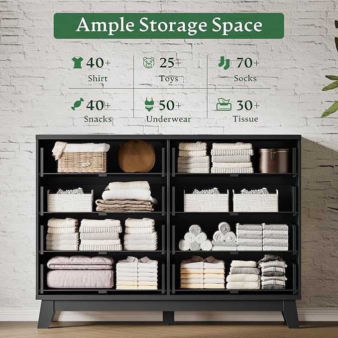 Fluted Dresser with 8 Drawers, 54" Wide Modern Chest of Drawers with Metal Handle, Wooden Dresser TV Stand, Wood Closet Clothes Storage Organizer for Bedroom, Living Room, Hallway, Solid Black