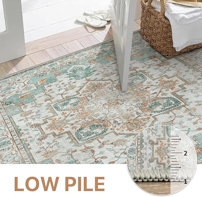 GENIMO 2x5 Runner Rugs for Hallway, Machine Washable Non Slip Vintage Rugs, Low Pile Lightweight Soft Print Rug for enrtyway, Corridor, Home Office, Kitchen, Cyan