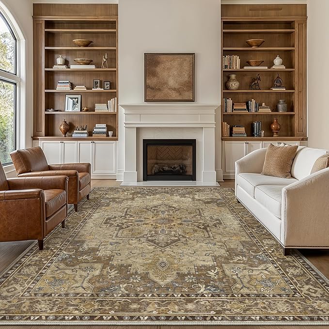 GENIMO 9x12 Area Rugs for Living Room, Machine Washable Non Slip Vintage Rugs, Low Pile Lightweight Chenille Print Rug for Bedroom, Dining Room, Home Office, Rustic Brown