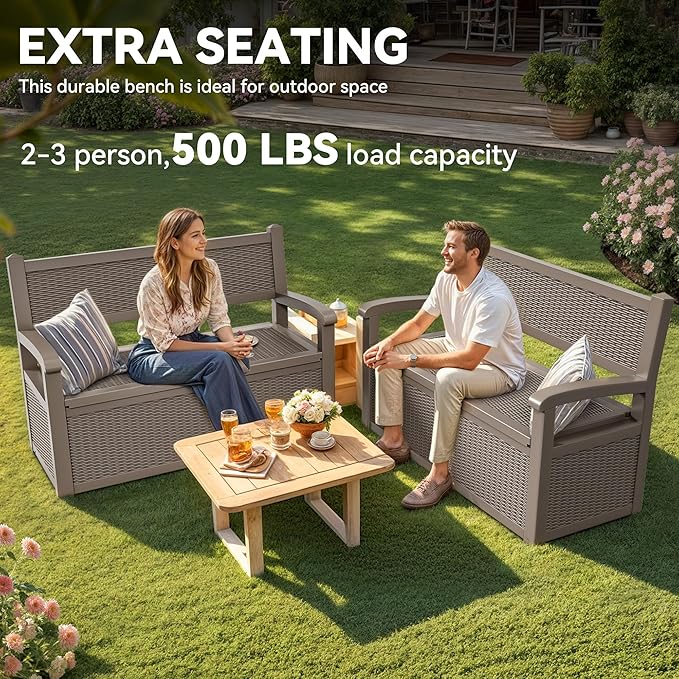 YITAHOME 70 Gallon Storage Bench Deck Box, Lockable Patio Bench, Waterproof Outdoor Pool Deck Storage for Patio Cushions, Garden Tools and Pool Supplies, Light Brown