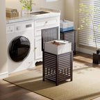 SMIBUY Double Laundry Hamper with Lid, 120L Bamboo Laundry Basket with Removable Liner Bag, 2-Section Clothes Divider Laundry Sorter for Laundry Room, Bathroom, Bedroom (Dark Brown)