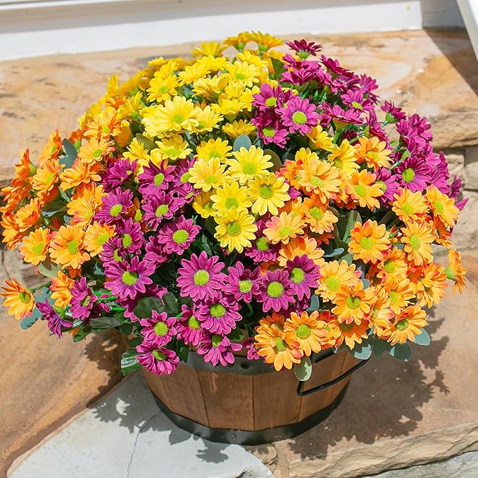Daisy Artificial Flowers for Outdoors Fall Autumn Decoration, 6 Bundles Fake Mums Silk Flowers for Outside Look Real UV Resistant Fake Plants Faux Flowers for Planter Front Door Home Indoor Porch, Mix