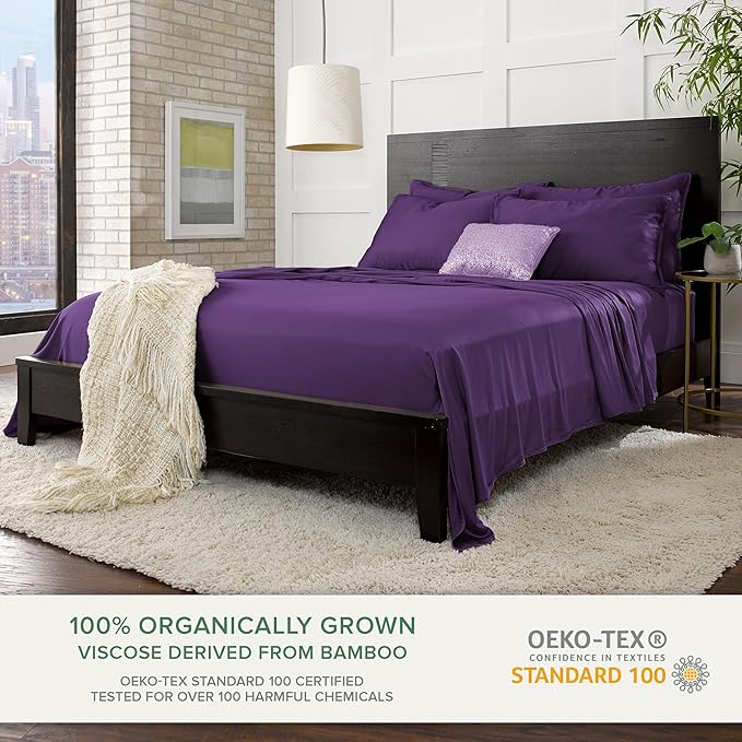 Queen Sheets by Pure Bamboo, Genuine 100% Organic Viscose Derived from Bamboo Bed Sheet Set, Luxuriously Soft & Cooling, Double Stitching, Lifetime Quality Promise (Queen, Purple)
