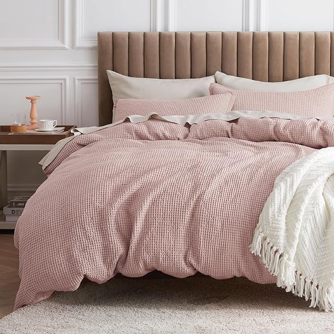 Bedsure Cotton Duvet Cover Queen - 100% Cotton Waffle Weave Pink Duvet Cover Queen Size, GentleSoft™ and Breathable Bedding Set for All Season, 3 Pieces, 90"x90"