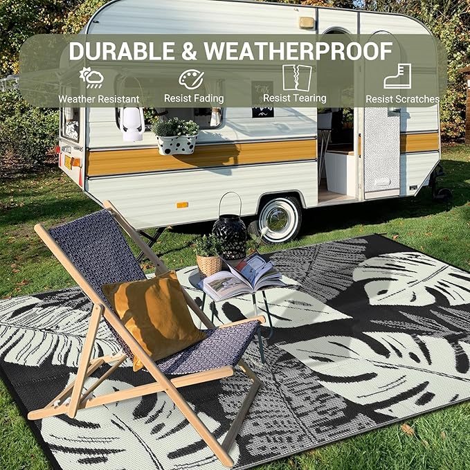 GAOMON Waterproof Plastic Straw Rug 9x12 Outdoor Rug for Patio, Reversible Modern Camping Mat with Bag & Stakes, UV Resistant & Easy to Clean Outdoor Carpet for RV, Deck, Balcony, Beige