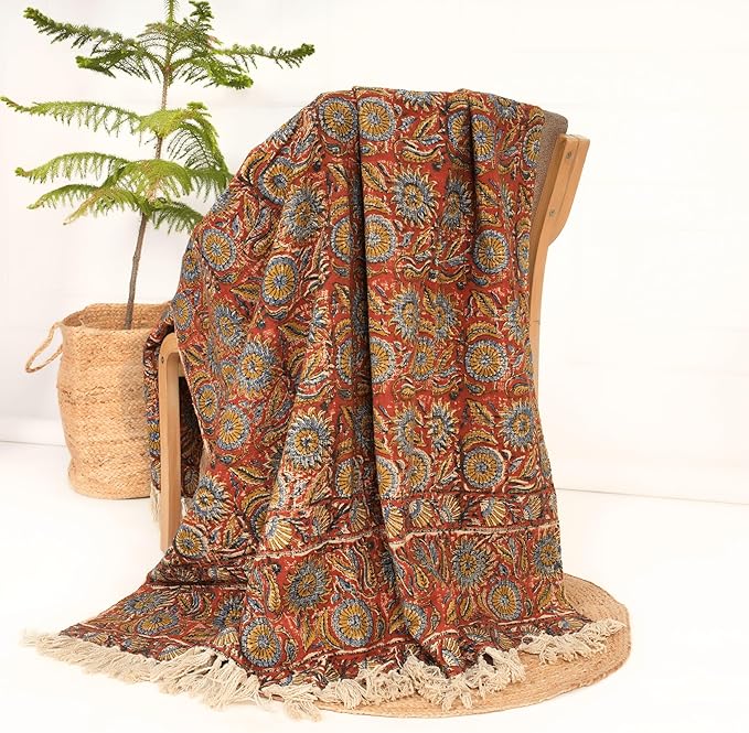 Handmade Cotton Throw Blanket | Floral Block Print in Orange & Navy | 48x70 Inches Fringed Bed Runner | Lightweight Boho Sofa Throw for Couch, Living Room & Bedroom Decor