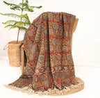 Handmade Cotton Throw Blanket | Floral Block Print in Orange & Navy | 48x70 Inches Fringed Bed Runner | Lightweight Boho Sofa Throw for Couch, Living Room & Bedroom Decor