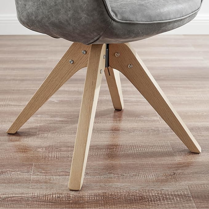 Art Leon Office Chair No Wheels, Mid Century Modern Desk Chair, Swivel Accent Chair with Oak Wood Legs, Faux Leather Upholstered Armchair for Desk, Gray