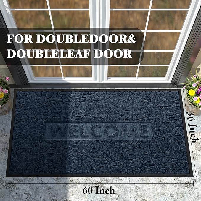 Yimobra Welcome Front Door Mat Outdoor, Heavy Duty Sturdy Non Slip Doormats, Rubber Backing, Low-Profile Entrance Rugs, Absorbent Resist Dirt, Easy Clean Patio Garage Floor Mats, 60X36 Inch, Blue