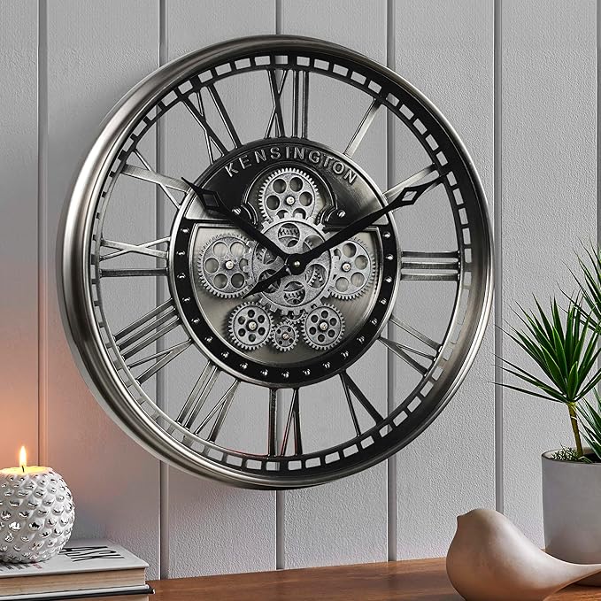 CLXEAST 21 Inch Modern Moving Gears Wall Clock for Living Room Decor,Industrial Steampunk Clocks for Farmhouse Home Decor,Roman Numerals,Gunmetal Nickel Finish