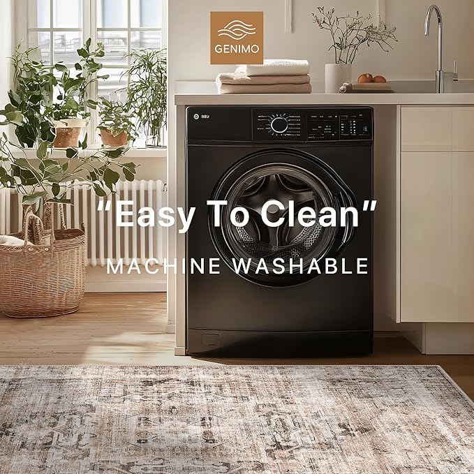 GENIMO 8x10 Area Rugs for Living Room, Machine Washable Non Slip Vintage Rugs, Low Pile Lightweight Chenille Print Rug for Bedroom, Dining Room, Home Office, Brownish Drab