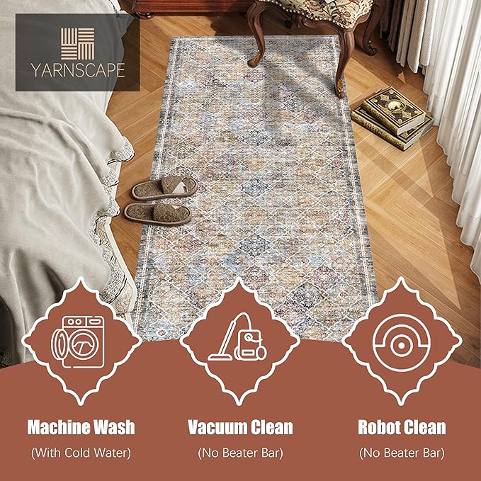 2'6'' x 8' Washable Area Rug - Low Pile Soft Vintage Indoor Rug for Living, Dining or Bedroom - Lightweight Carpet with Non-Slip Backing - Foldable for Easy Placement, Multi
