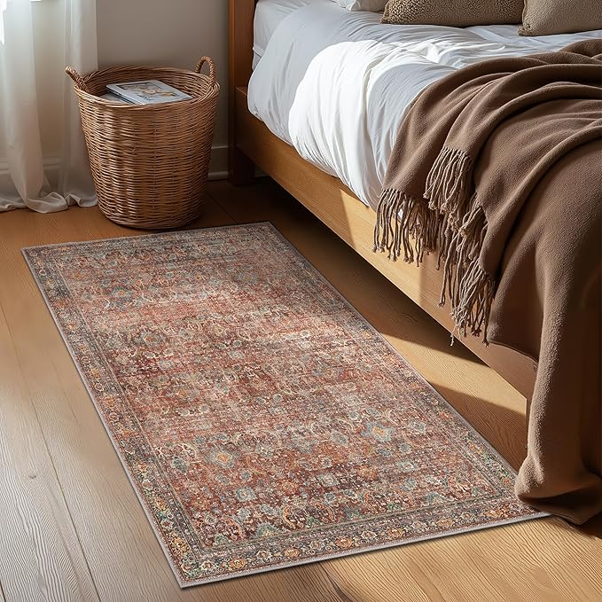 GENIMO 2x3 Area Rugs for Living Room, Machine Washable Non Slip Vintage Rugs, Low Pile Lightweight Chenille Print Rug for Bedroom, Dining Room, Home Office, Terracotta Indigo