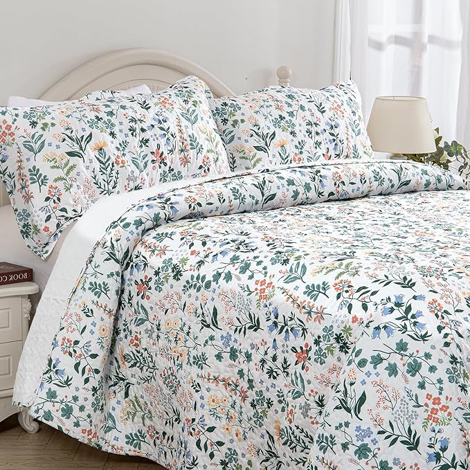 Travan 3-Piece Quilt Set Quilted Bedspread Lightweight Coverlet Set Garden Style Floral Printed Oversized Quilted Bedding Set with Shams for All Season, Exquisite, King Size
