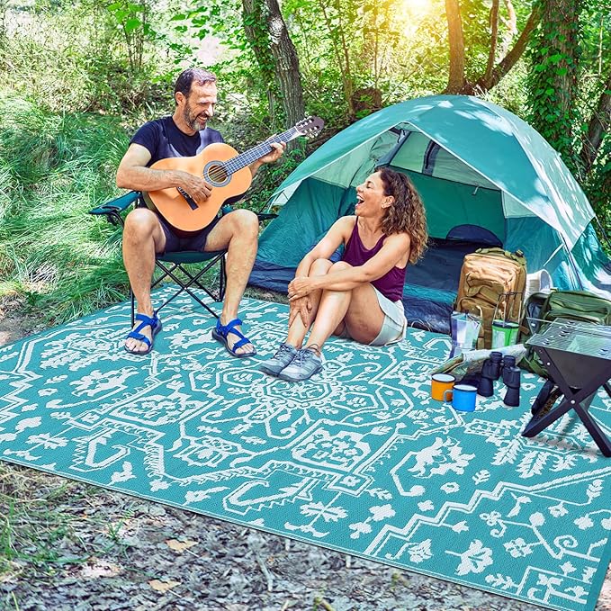 Outdoor Rug 8x10 Waterproof Reversible Plastic Straw Mat, UV-Resistant Vintage Medallion Camping Carpet for Patio, Deck, Balcony, Picnic, Large Outside Floor Mat, Light Blue/White