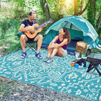 Outdoor Rug 8x10 Waterproof Reversible Plastic Straw Mat, UV-Resistant Vintage Medallion Camping Carpet for Patio, Deck, Balcony, Picnic, Large Outside Floor Mat, Light Blue/White