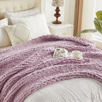 Carriediosa Chunky Knit Throw Blanket 60" X 80" Twin, 100% Hand Made Large Chenille Loop Yarn Soft Fluffy Throws for Couch Sofa Bed, Big Crochet Cozy Heavy Thick Cable Woven Blankets, Purple