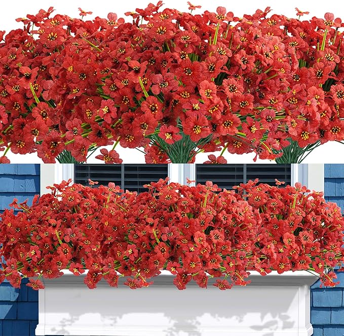 Uieke 72PCS Artificial Flowers for Outdoors, UV Resistant Fake Flowers No Fade Faux Plastic Plants for Garden Porch Window Box Home Summer Décor (Red)