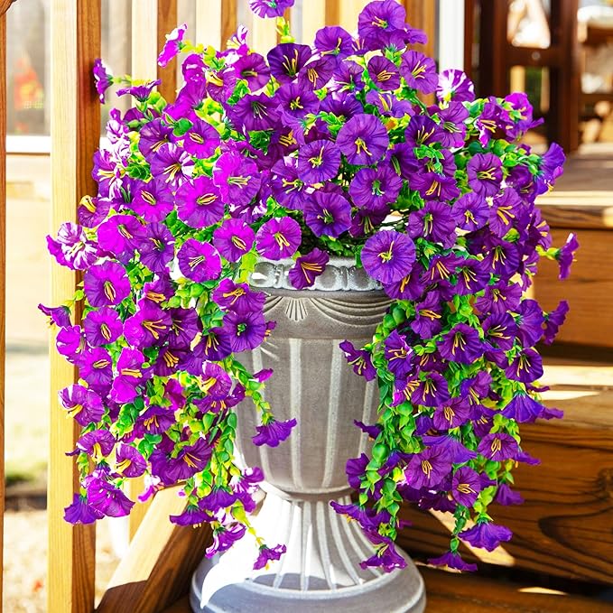 Ivydale 2 PCS Artificial Hanging Flowers Fake Plants Outdoor,Silk Morning Glory Faux Flowers with Eucalyptus Leaves,UV Resistant Realistic Hanging Petunias Plants for Home Garden Decor (Purple)