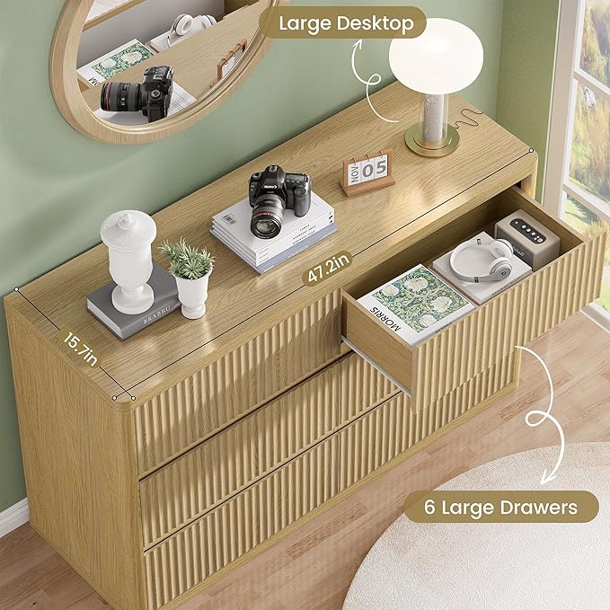 Natural 6 Drawers Dresser for Bedroom, 48" Wide Wood Chest of Deep Drawers with Curved Profile, Handleless, Modern Fluted Dresser TV Stand, Storage Closet Drawer Organizer for Bedroom