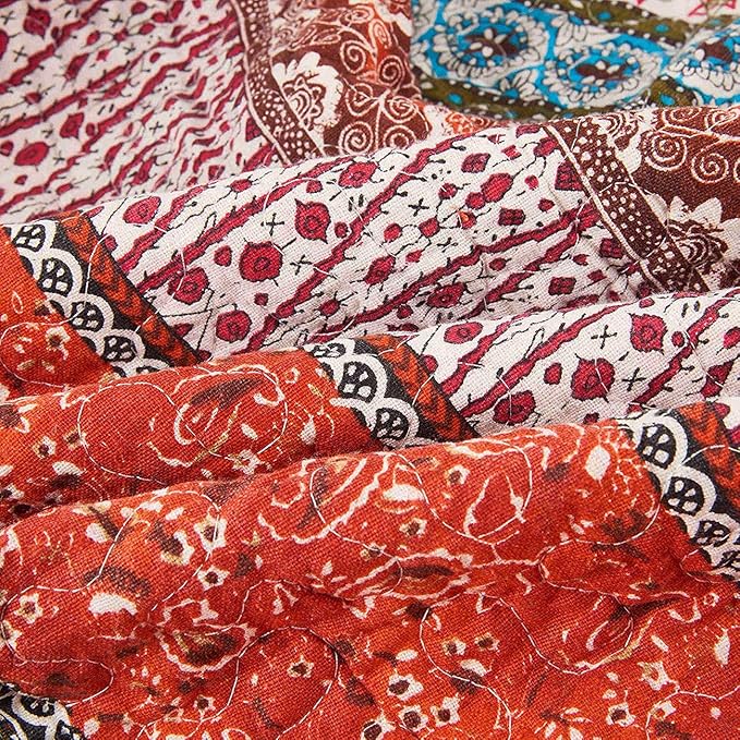 Cozyholy Boho Quilt Twin Size 100% Cotton Quilted Blanket Colorful Bohemian Striped Bedspread Coverlet Reversible Lightweight Stitch Vintage Bed Cover Throw Blanket for Couch Sofa Orange