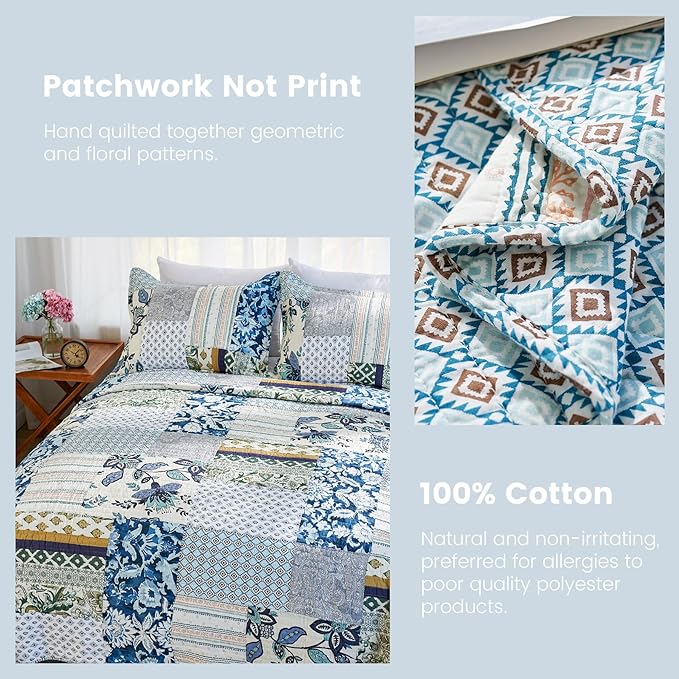 Secgo King Size Comforter Set- 100% Cotton Quilt King Size Set, Green, Sage bedspreads (98 * 106 Inch) with 2 Pillow Shams, Patchwork Reversible Lightweight Bedding