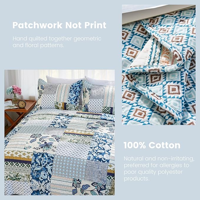 Secgo Queen Comforter Set for Bed - 100% Cotton Quilts Queen Size, Green, Sage Bedspreads (90 * 98 Inch) with 2 Pillow Shams, Patchwork Reversible Lightweight Bedding