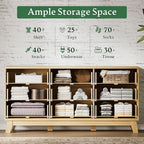 Fluted Dresser with 9 Drawers, 63" Wide Modern Chest of Drawers with Metal Handle, Wooden Dresser TV Stand, Wood Closet Clothes Storage Organizer for Bedroom, Living Room, Hallway, Natural Oak