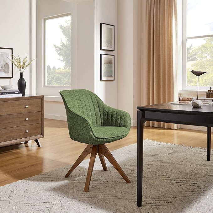 Art Leon Office Chair No Wheels - Mid Century Modern Desk Chair, Swivel Accent Chair with Oak Wood Legs, Fabric Upholstered Arm Chair, Green
