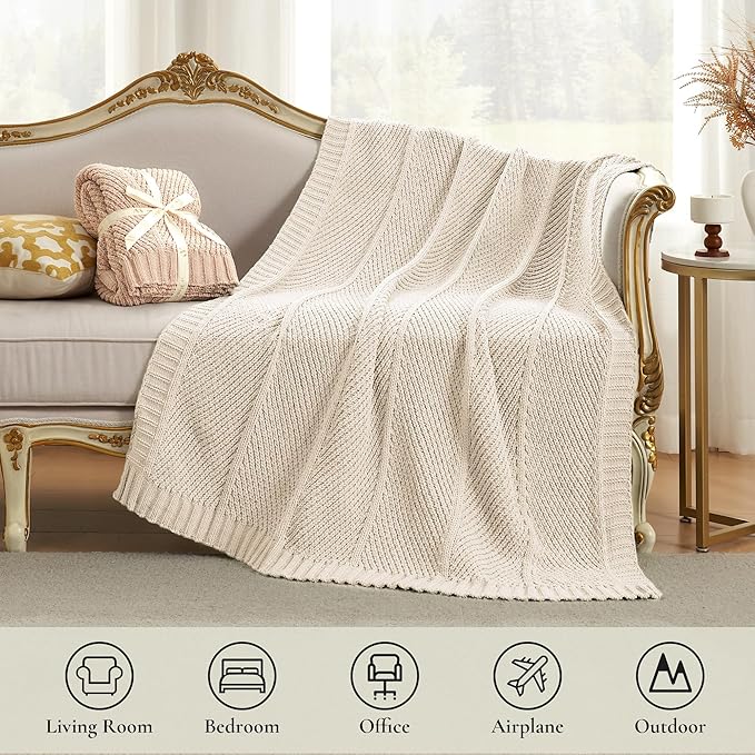 Amélie Home Chenille Knit Throw Blanket for Couch, Chevron Texture Decorative Soft Blanket for Sofa, Bed & Chair, 50"x60", Ivory