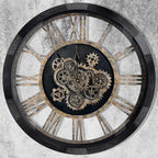 DORBOKER 36" Extra Large Wall Clock with Moving Gears, Oversized Giant Industrial Steampunk Rustic Clocks for Wall Decor Living Room Home Office, Solid Wood Vintage Black and Bronze Gears