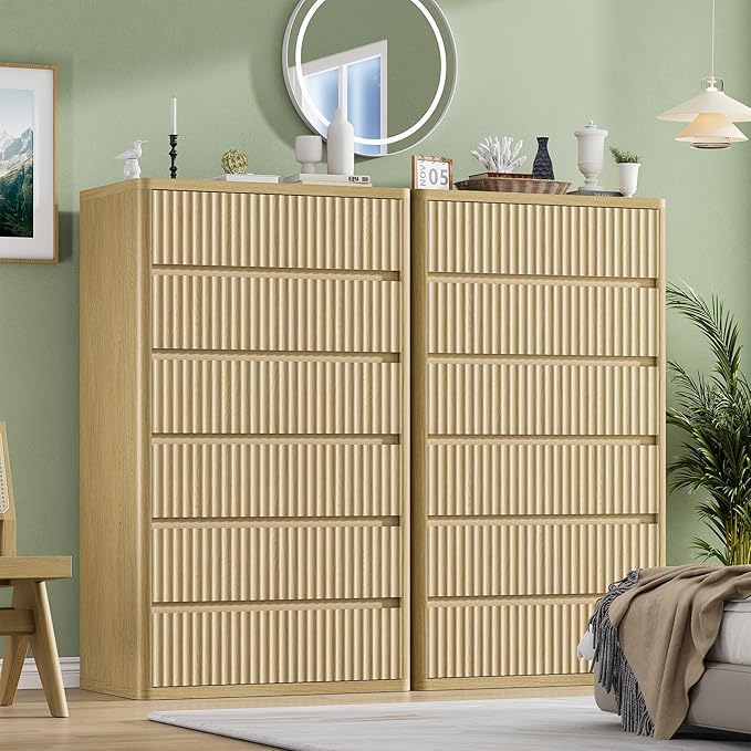 Fluted 6 Drawers Dresser for Bedroom, 56" Tall Modern Chest of Drawers with Curved Profile, Wooden Dressers Drawer Closet Clothes Storage Organizer for Living Room, Hallway, Natural
