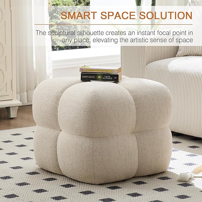 Zesthouse Square Pouf Ottoman Footstool, Modern Ottoman Coffee Table for Living Room, Beige Linen Stool Foot Rest, Upholstered Poofy Stool for Couch, Cute Vanity Chair Backless for Makeup Room Bedroom