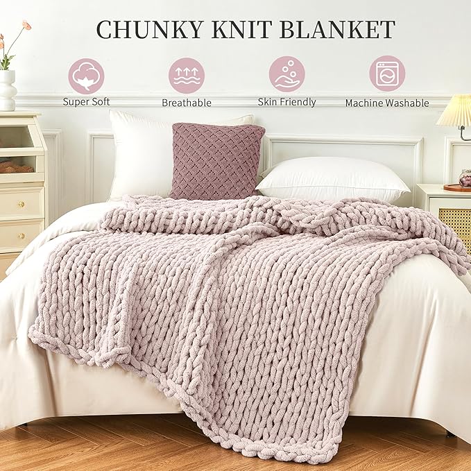 Admitrack Chunky Knit Blanket Throw, 100% Hand Knit Chenille Throw Blanket for Sofa & Home Decor, Soft and Cozy Knitted Throw Blankets (Pink，51"x63")
