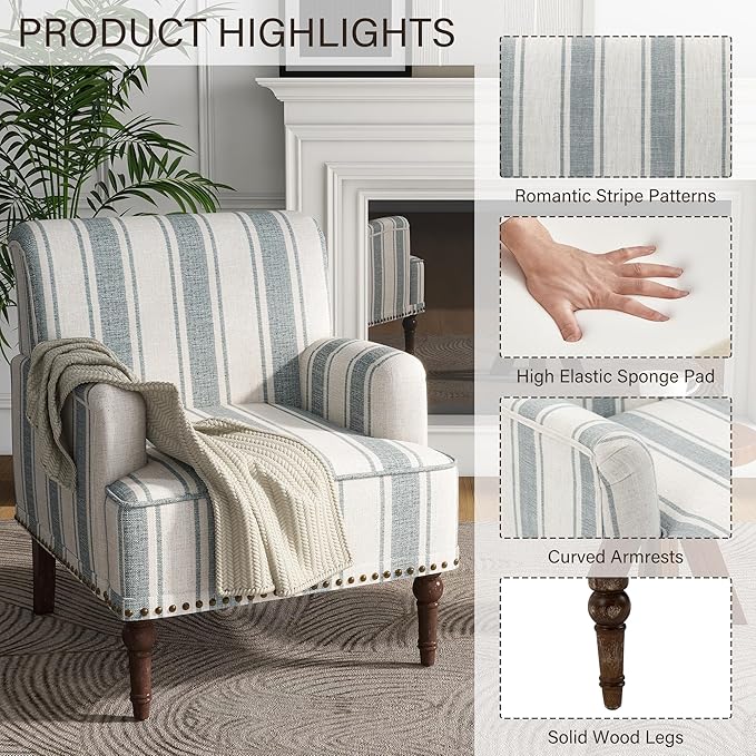 UIXE Stripe Accent Chair, Living Room Arm Chairs Modern Nailhead Trim Club Armchair with Wood Legs, Comfy Upholstered Sofa Lounge Seat Reading Seat Bedroom Side Seating for Home Office, Blue