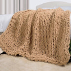 Carriediosa Chunky Knit Throw Blanket 50" X 60", 100% Hand Made Large Chenille Loop Yarn Soft Fluffy Throws for Couch Sofa Bed, Big Crochet Cozy Heavy Thick Cable Woven Blankets, Tan Brown