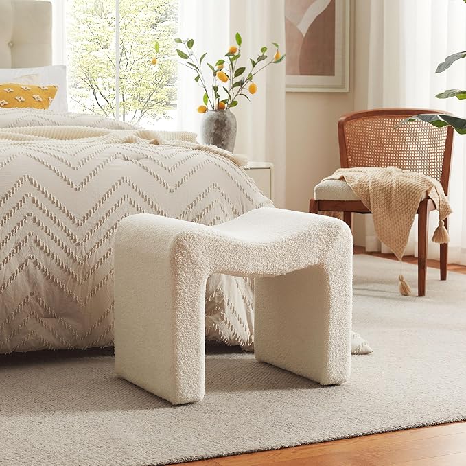 Small Footstool Ottoman Vanity Stool Chair Seating Backless Modern Foot Rest Teddy Velvet Ottoman for Makeup Room Living Room Bedroom Entryway,White (Single 1)