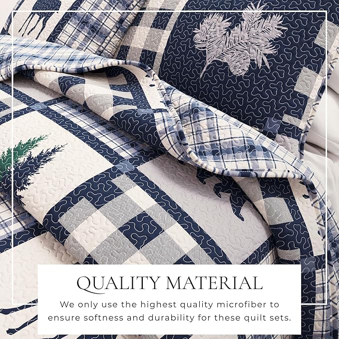 Great Bay Home Lodge Bedspread King Size Quilt with 2 Shams. Cabin 3-Piece Reversible All Season Quilt Set. Rustic Quilt Coverlet Bed Set. Stonehurst Collection. (Navy/Grey)