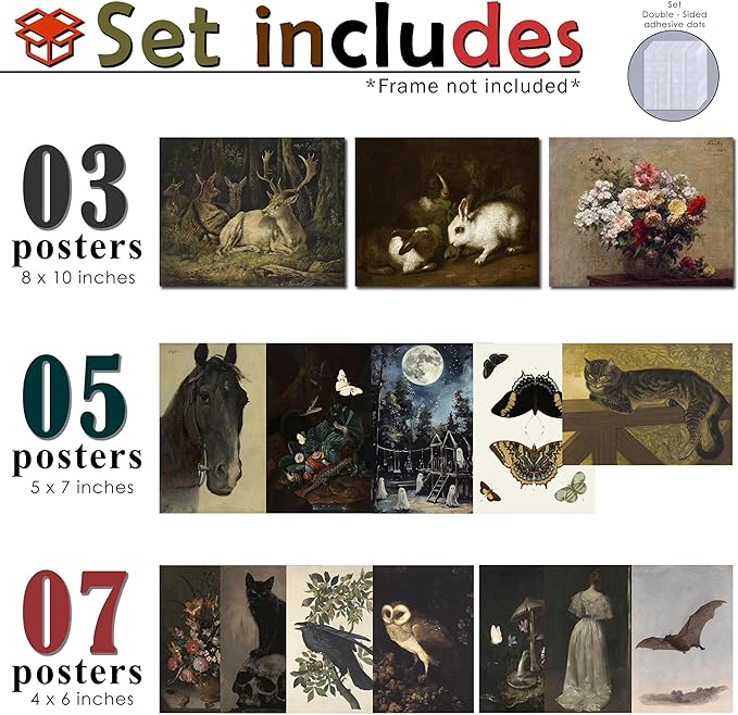 LANCHI95 15PCS Dark Cottagecore Decor, Dark Academia Decors, Cottage Core Whimsical Wall Art Goth Darks Moody Wall Decor for Living Room Bedroom 8x10 in (UNFRAMED)