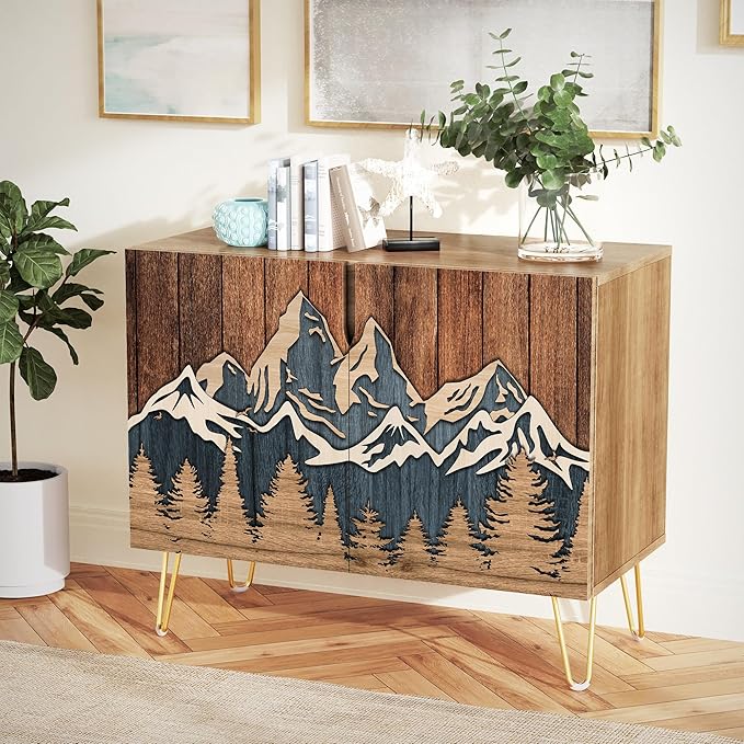 SIGNWIN Sideboard Buffet Cabinet, Kitchen Storage Cabinet with 2 Doors, Countryside Wood Panel Mountain Forest, Cupboard Console Table for Dining Room - 35" L x 18" W x 29" H