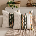 Boho Chenille Tufted Couch Throw Pillow Covers 18x18 Inch Set of 2 Farmhouse Striped Decorative Pillow Covers Accent Neutral Pillowcase Dark Green Cushion Cover for Living Room Sofa Bed