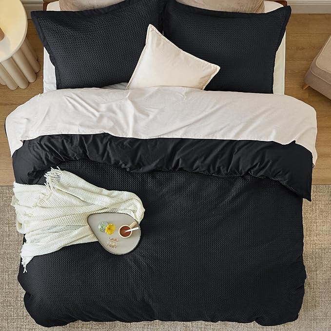 Bedsure Cotton Duvet Cover King - 100% Cotton Waffle Weave Black Duvet Cover King Size, GentleSoft™ and Breathable Bedding Set for All Season, 3 Pieces, 104"x90"