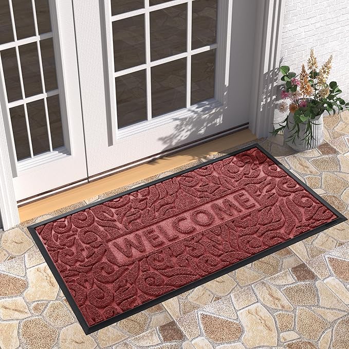 Yimobra Welcome Front Door Mat Outdoor, Heavy Duty Sturdy Non Slip Doormats, Rubber Backing, Low-Profile Entrance Rugs, Absorbent Resist Dirt, Easy Clean Patio Garage Floor Mats, 47X24 Inch, Wine Red