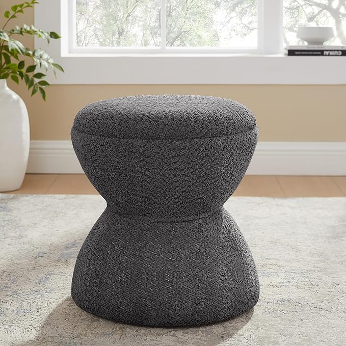 VANOMi Multi-Functional Boucle Ottoman, Vanity Stool Chair, Sturdy Wooden Footstool, Suitable for Living Room, Bedroom, and Entryway, Without Installation, Dark Grey