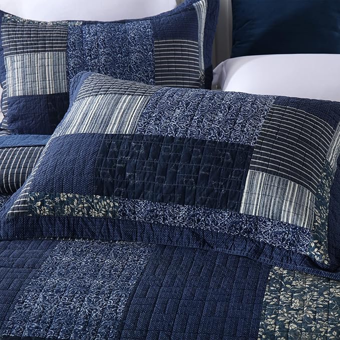 Yvooxny Quilts Queen Size Reversible Lightweight Bedspread 3-Piece Quilt Set Plaid Floral Patchwork 100% Cotton Queen Quilt Set Bedding Set with Pillow Shams for All Seasons, Azure Blue, 90x98''