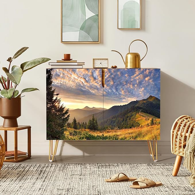 SIGNWIN Sideboard Buffet Cabinet, Kitchen Storage Cabinet with 2 Doors, Sunset Sky Autumn Mountain Valleyism, Cupboard Console Table for Dining Room - 35" L x 18" W x 29" H