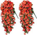 Artificial Fake Fall Hanging Flowers Plants for Outdoor Outside, 2PCS Faux Silk Orange Daisy Mums Trailing Vines UV Resistant Realistic Orchid for Autumn Front Door Porch Planter Patio Garden