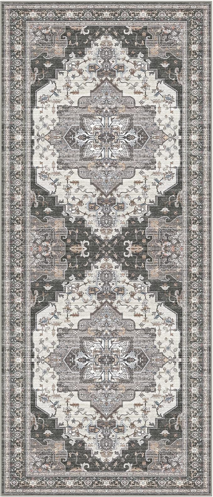 GENIMO 3X7 Hallway Runner Rug, Machine Washable Non Slip Vintage Floral Patchwork Runners, Thin Low Pile Chenille Carpet Runners for Entryway, Kitchen, Bathroom, Bedroom, Slate Gray